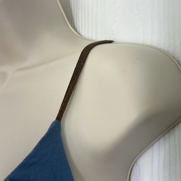 Free People - Blue V Neck With Brown Suede Spaghetti Straps Mini Dress Medium - Picture 6 of 11